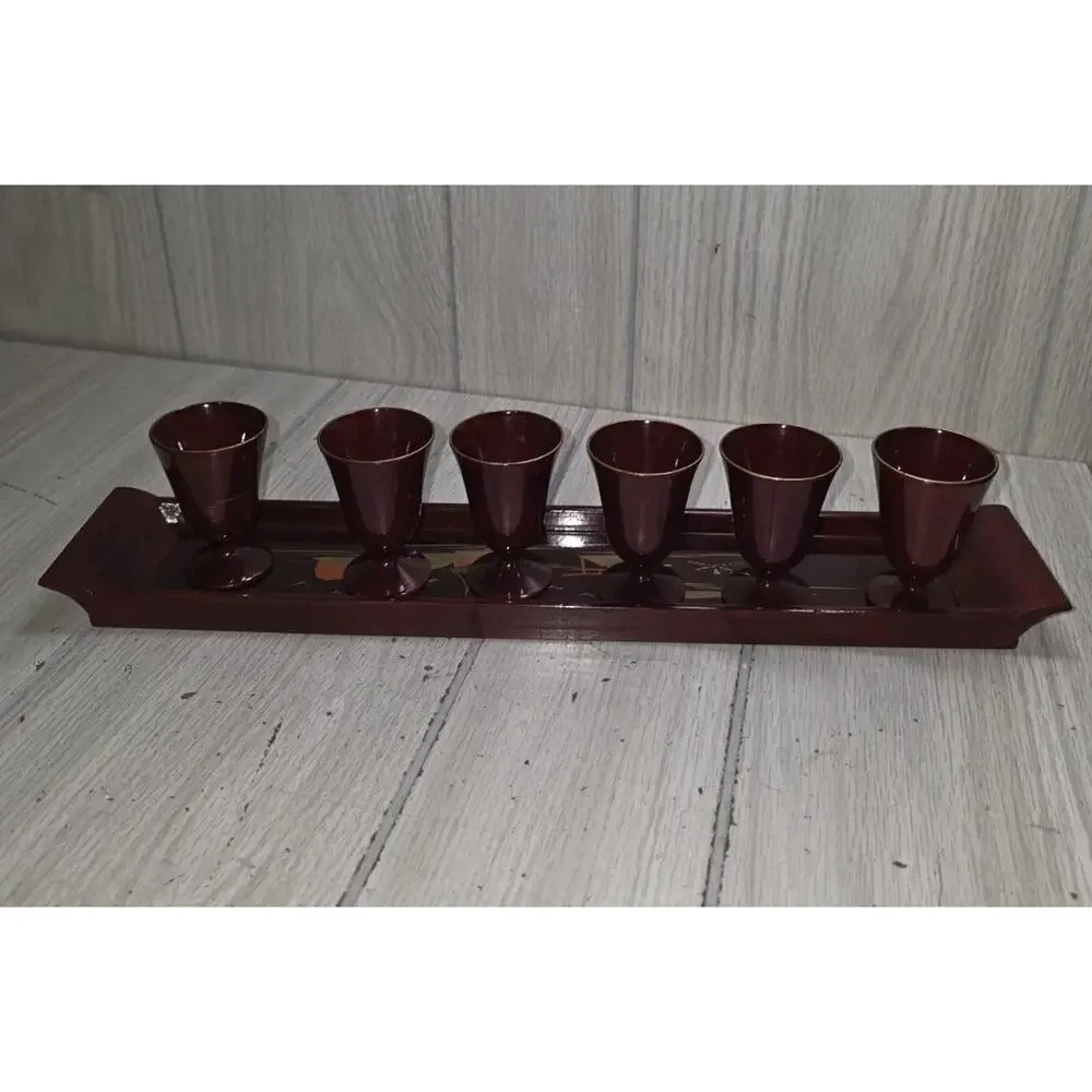 VTG Imaoka Trading Co Japan AIZU Sake Set 6 Cups Tray Deep Red Gold Beach Scene
